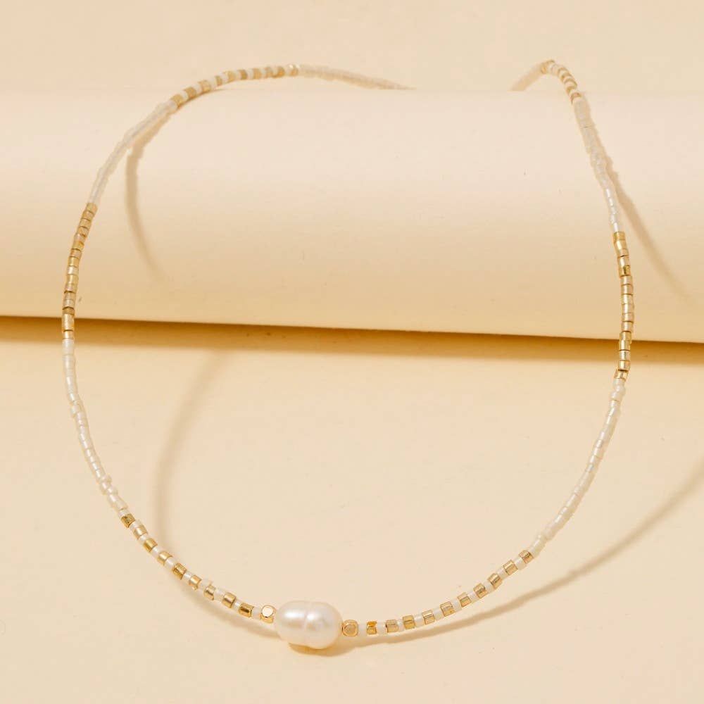 Dainty Seed Beaded Pearl Charm Necklace