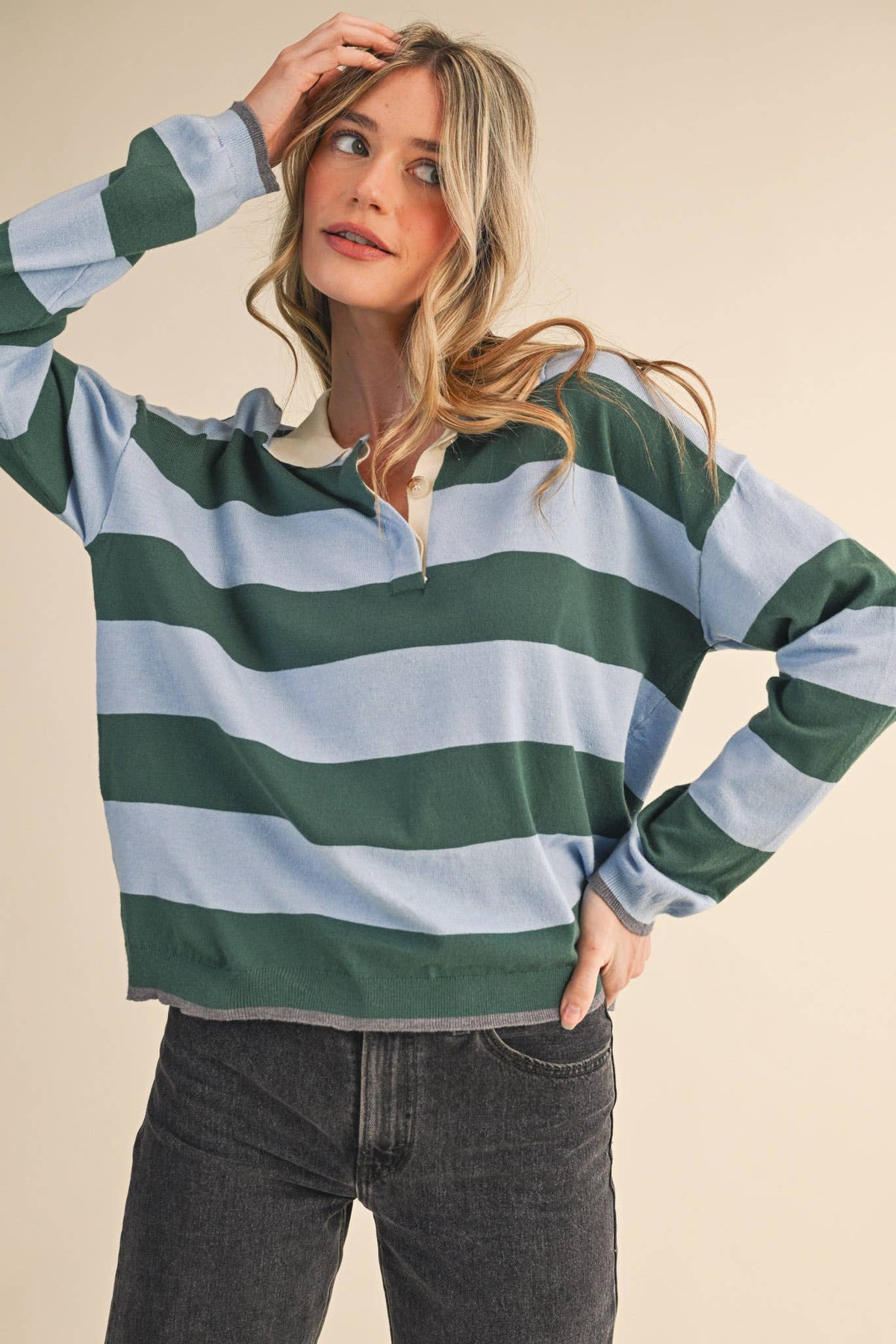 Ivy League Rugby Sweater - Green/Light Blue Stripe