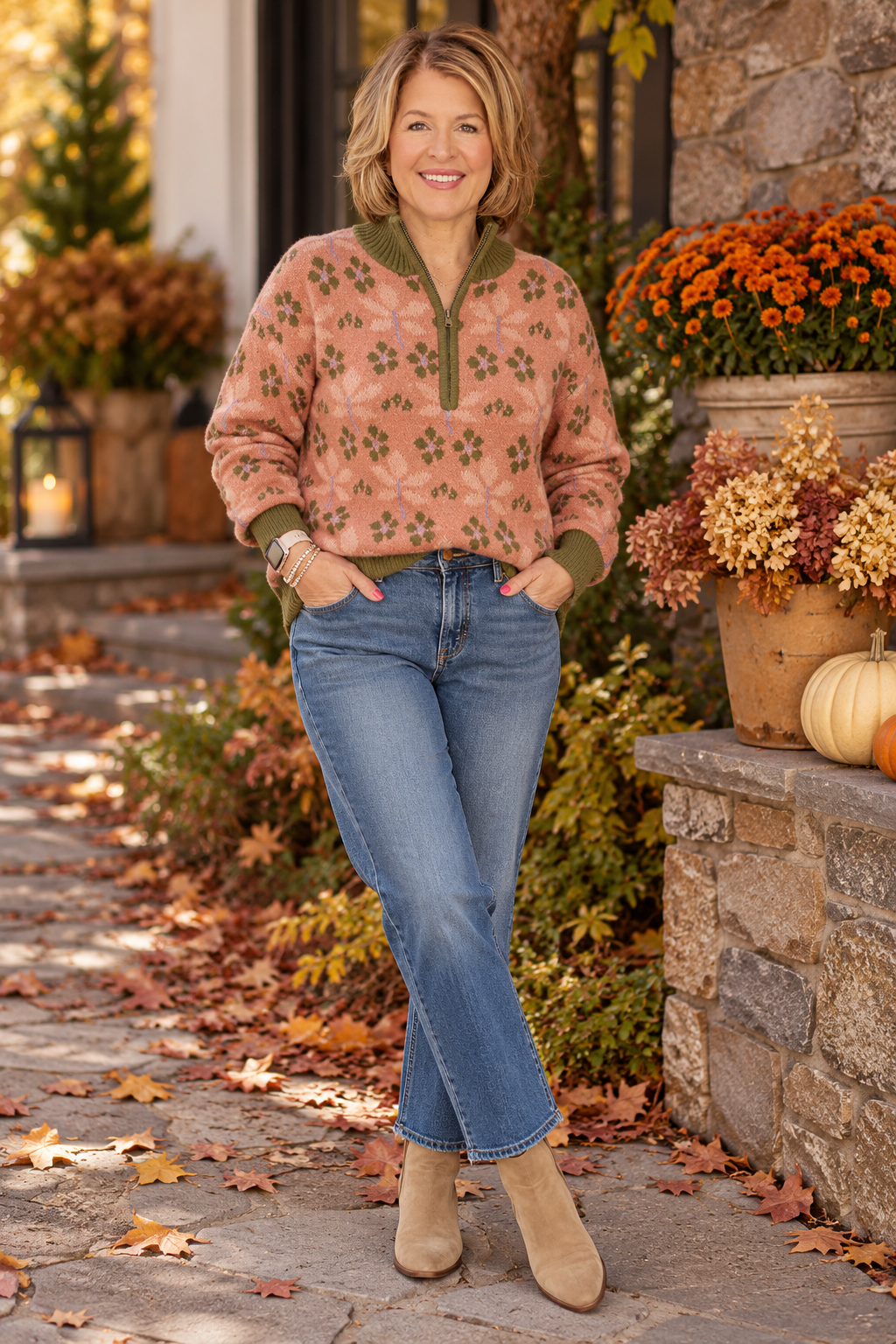 The Wildflower Quarter Zip Sweater - Pink/Green
