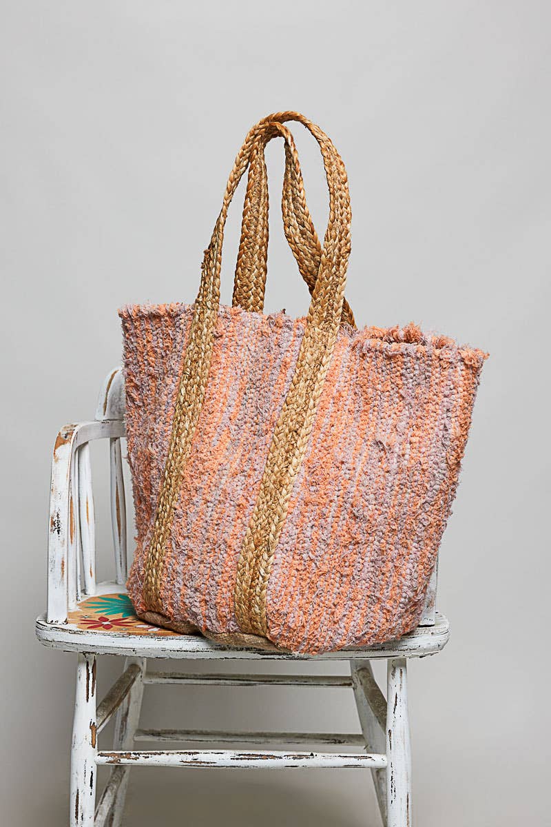 Handwoven Orange Striped Textured Bohemian Casual Tote Bag