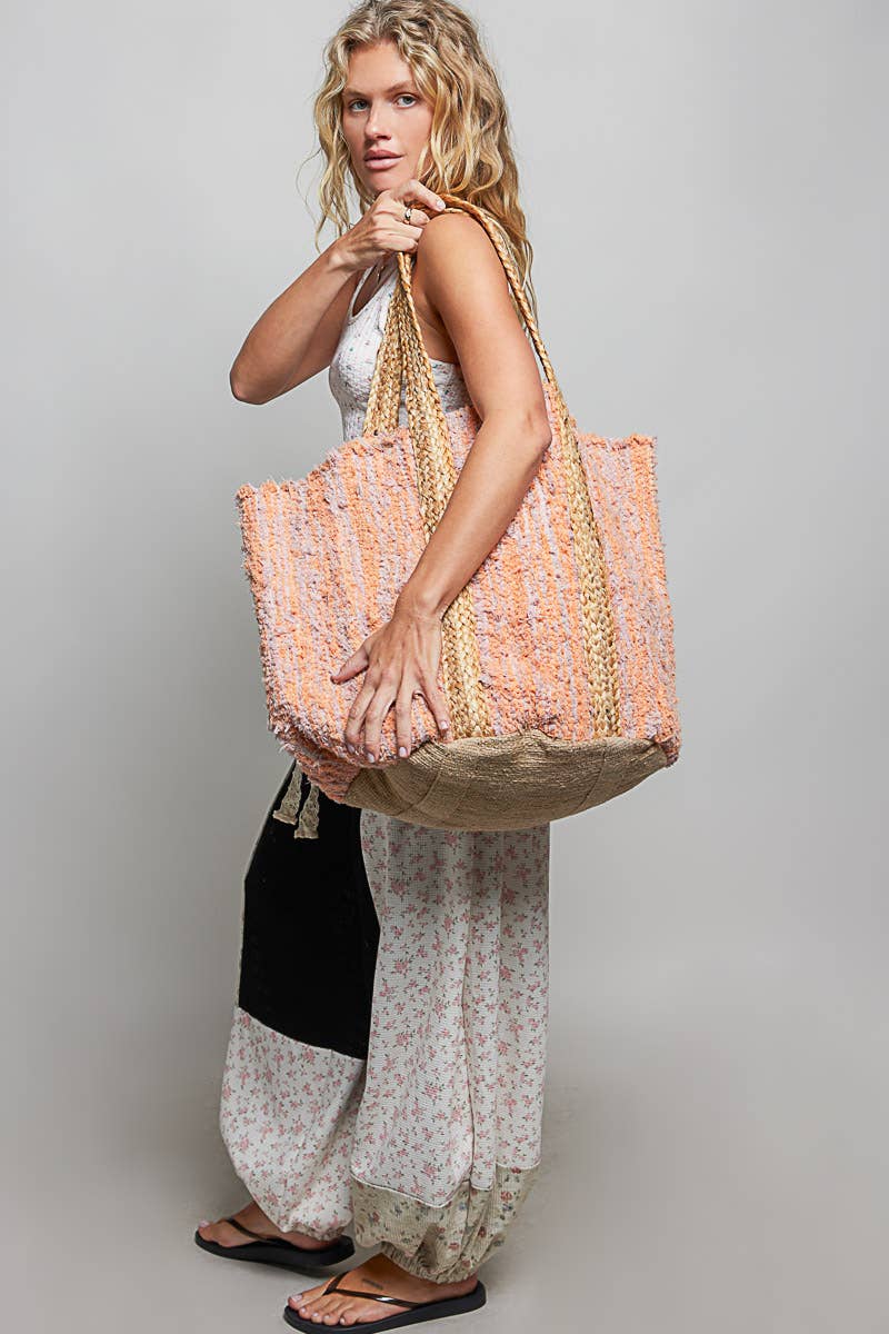 Handwoven Orange Striped Textured Bohemian Casual Tote Bag