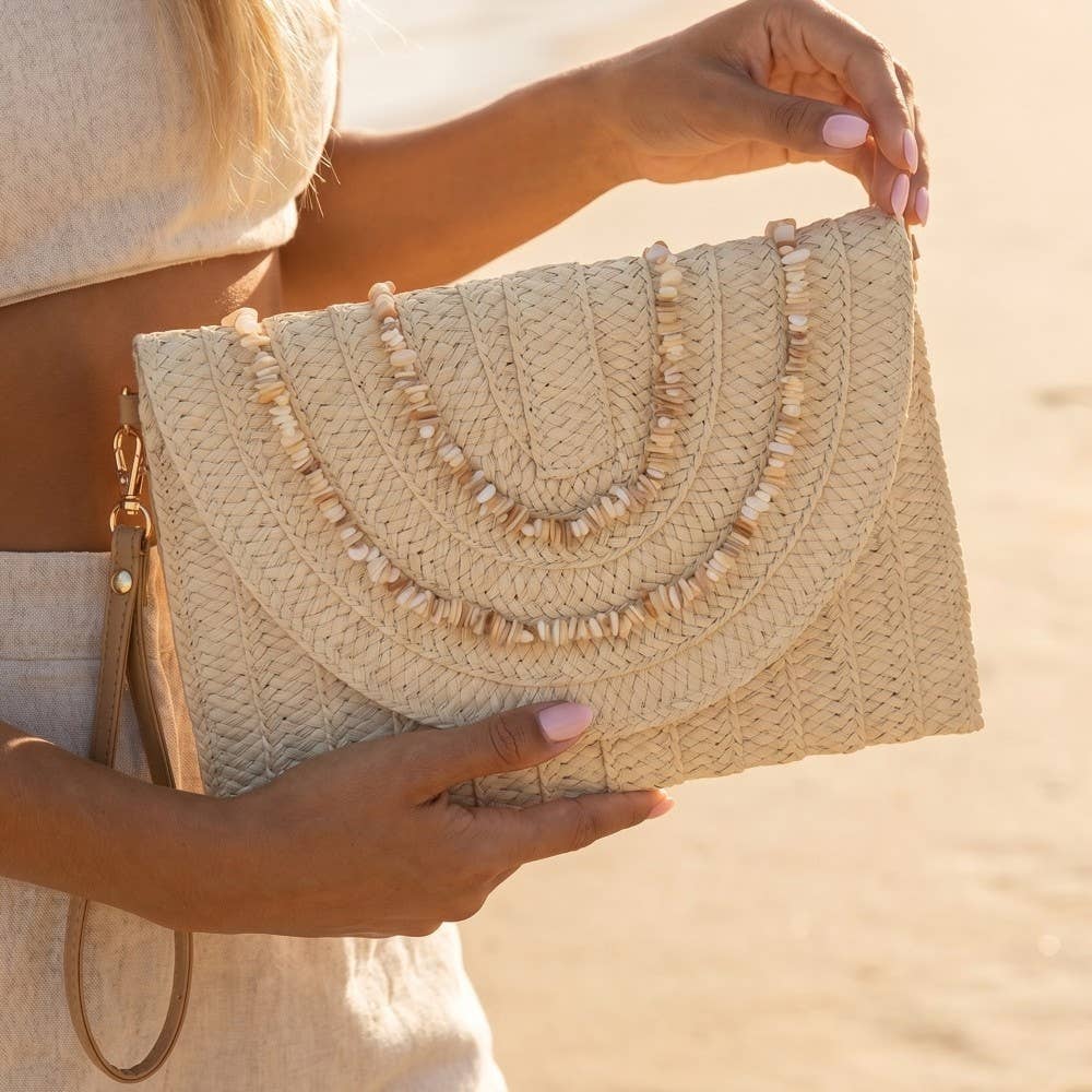 Shell Beaded Woven Envelope Clutch Bag