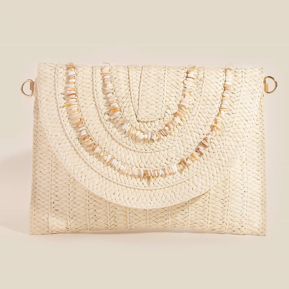 Shell Beaded Woven Envelope Clutch Bag