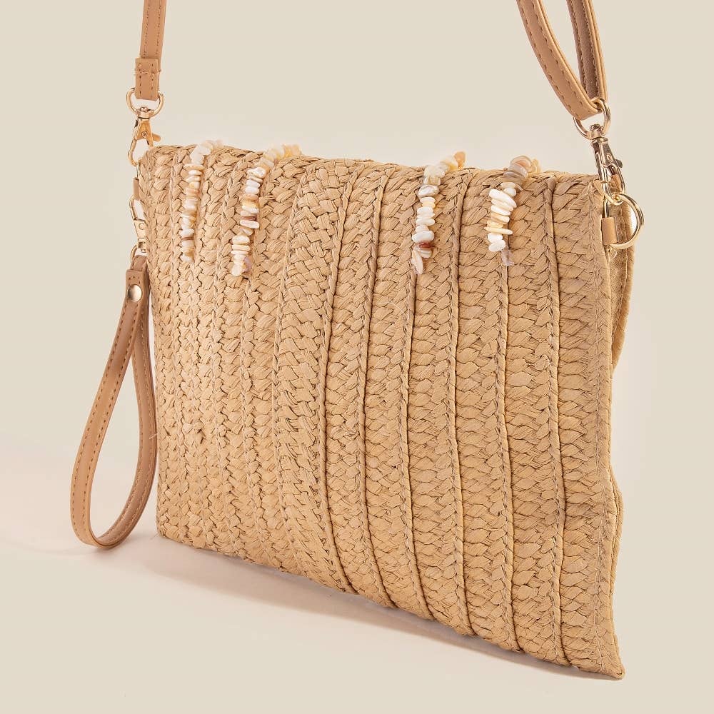 Shell Beaded Woven Envelope Clutch Bag