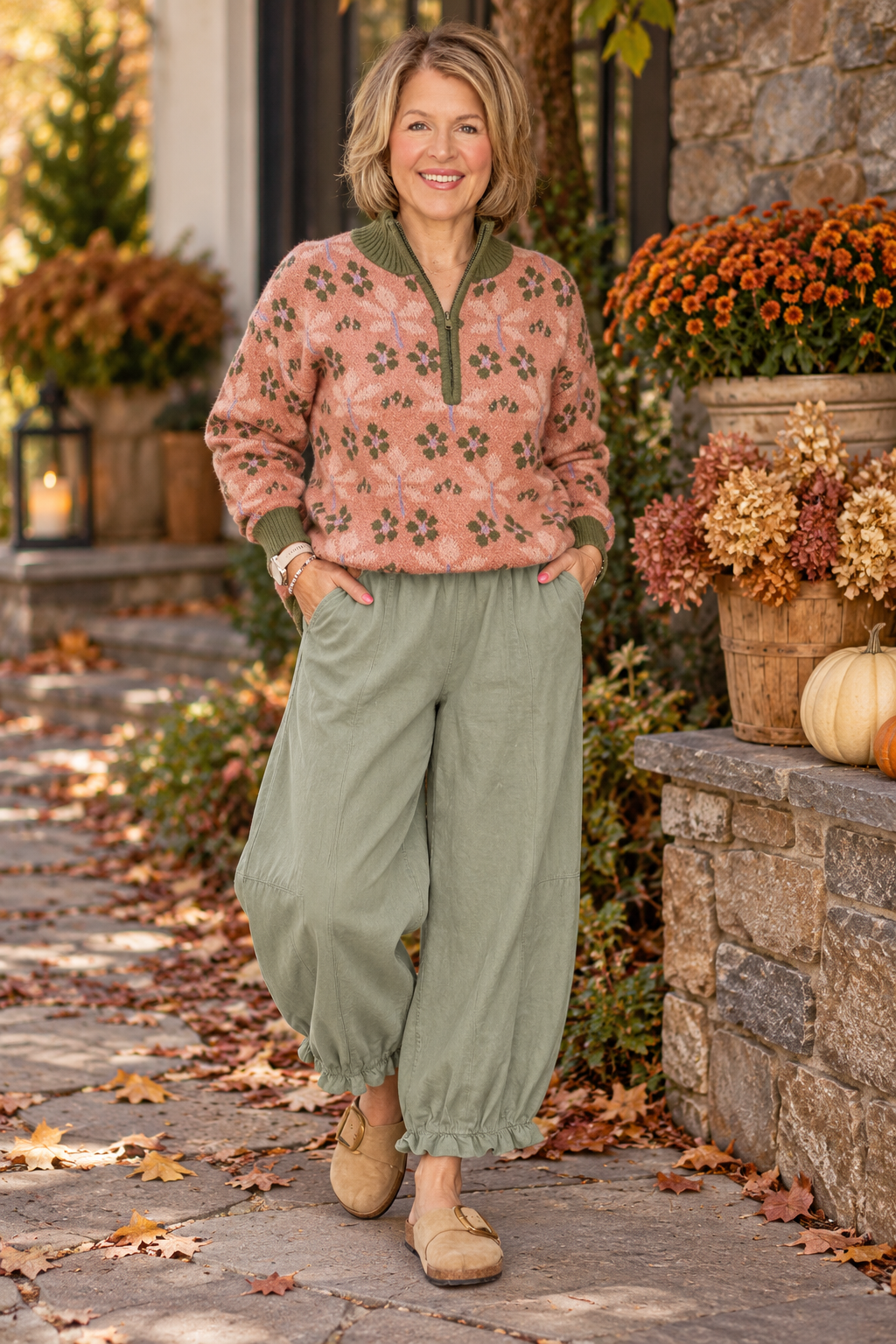 The Wildflower Quarter Zip Sweater - Pink/Green