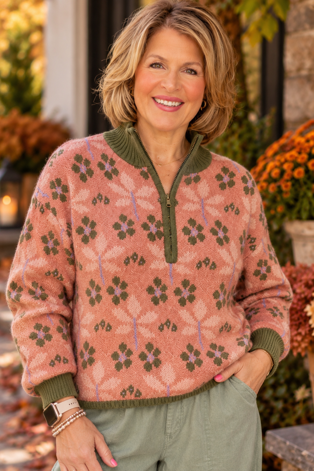 The Wildflower Quarter Zip Sweater - Pink/Green