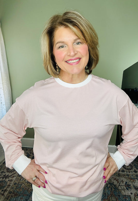 Pink Stripe Contrast Edge Patchwork Long Sleeve Top