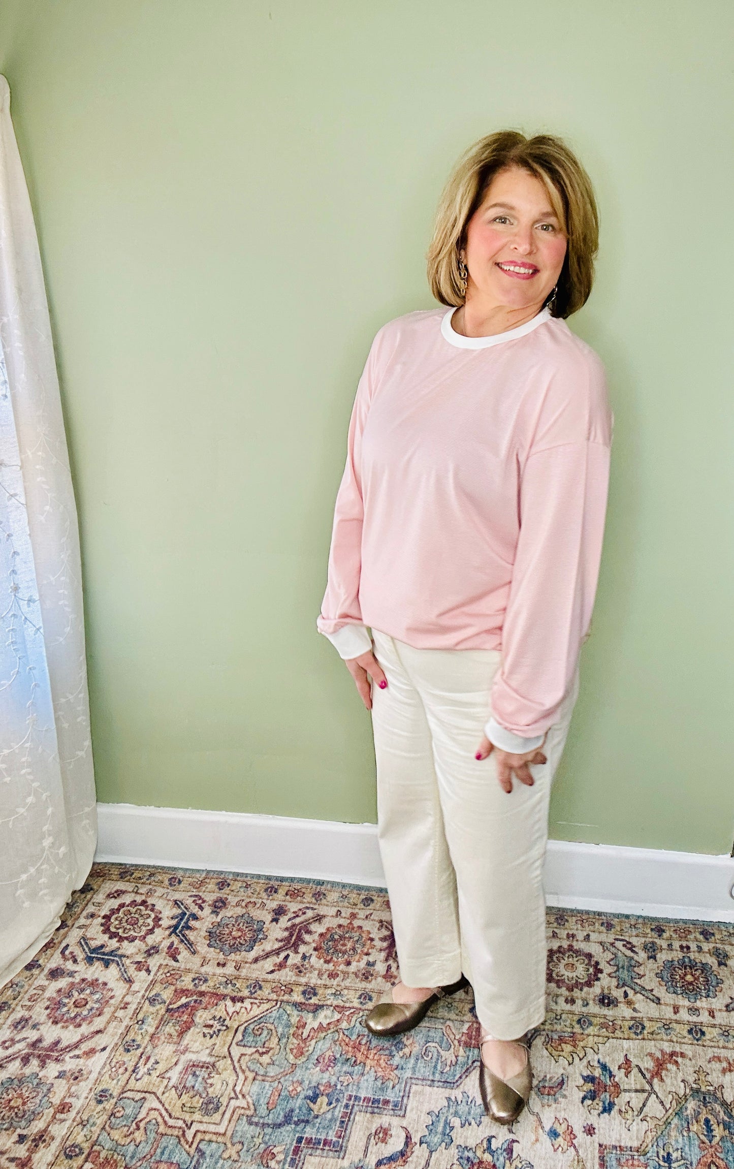 Pink Stripe Contrast Edge Patchwork Long Sleeve Top