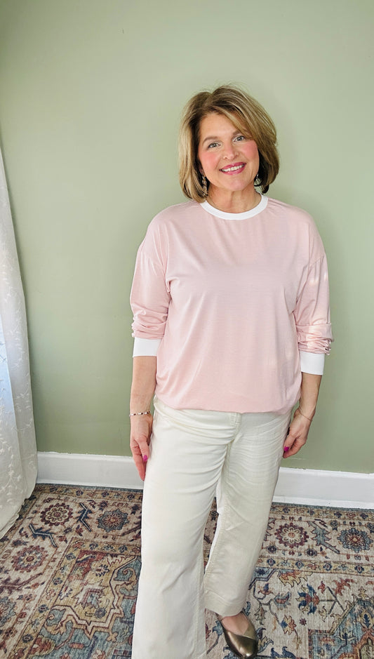 Pink Stripe Contrast Edge Patchwork Long Sleeve Top