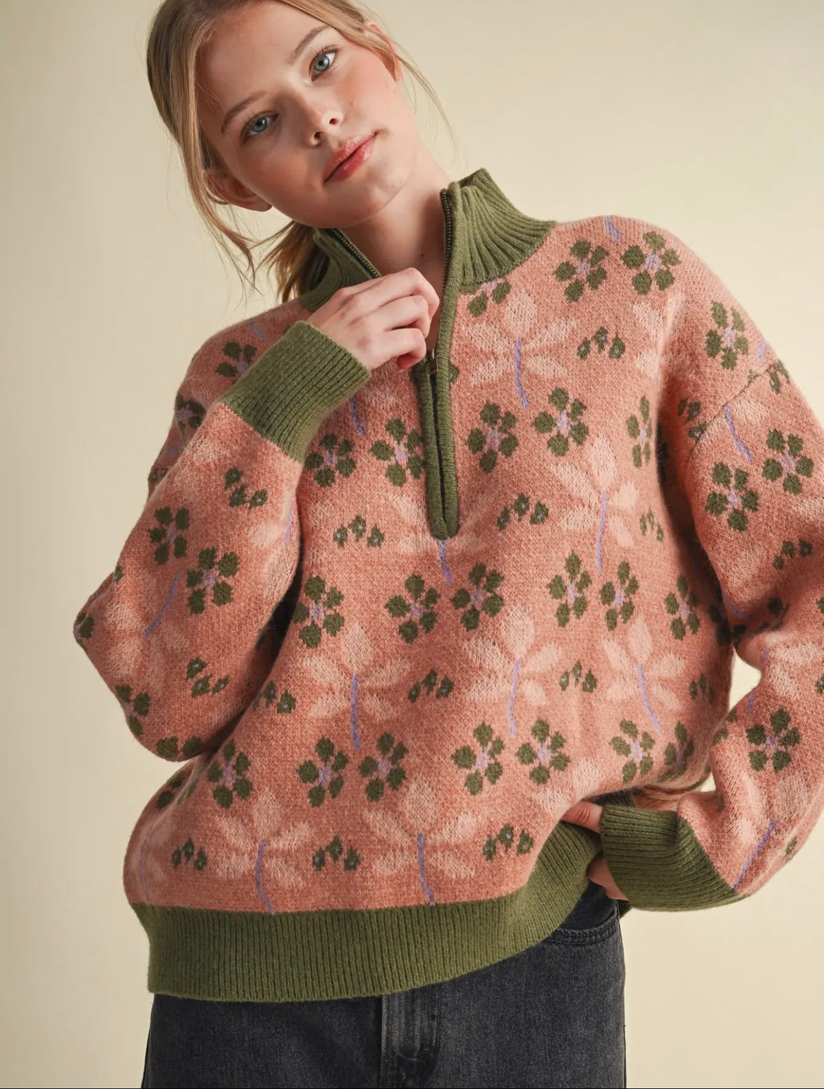 The Wildflower Quarter Zip Sweater - Pink/Green