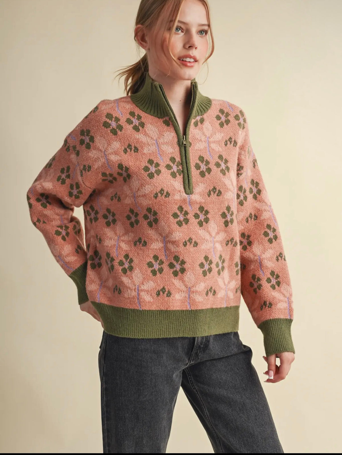The Wildflower Quarter Zip Sweater - Pink/Green