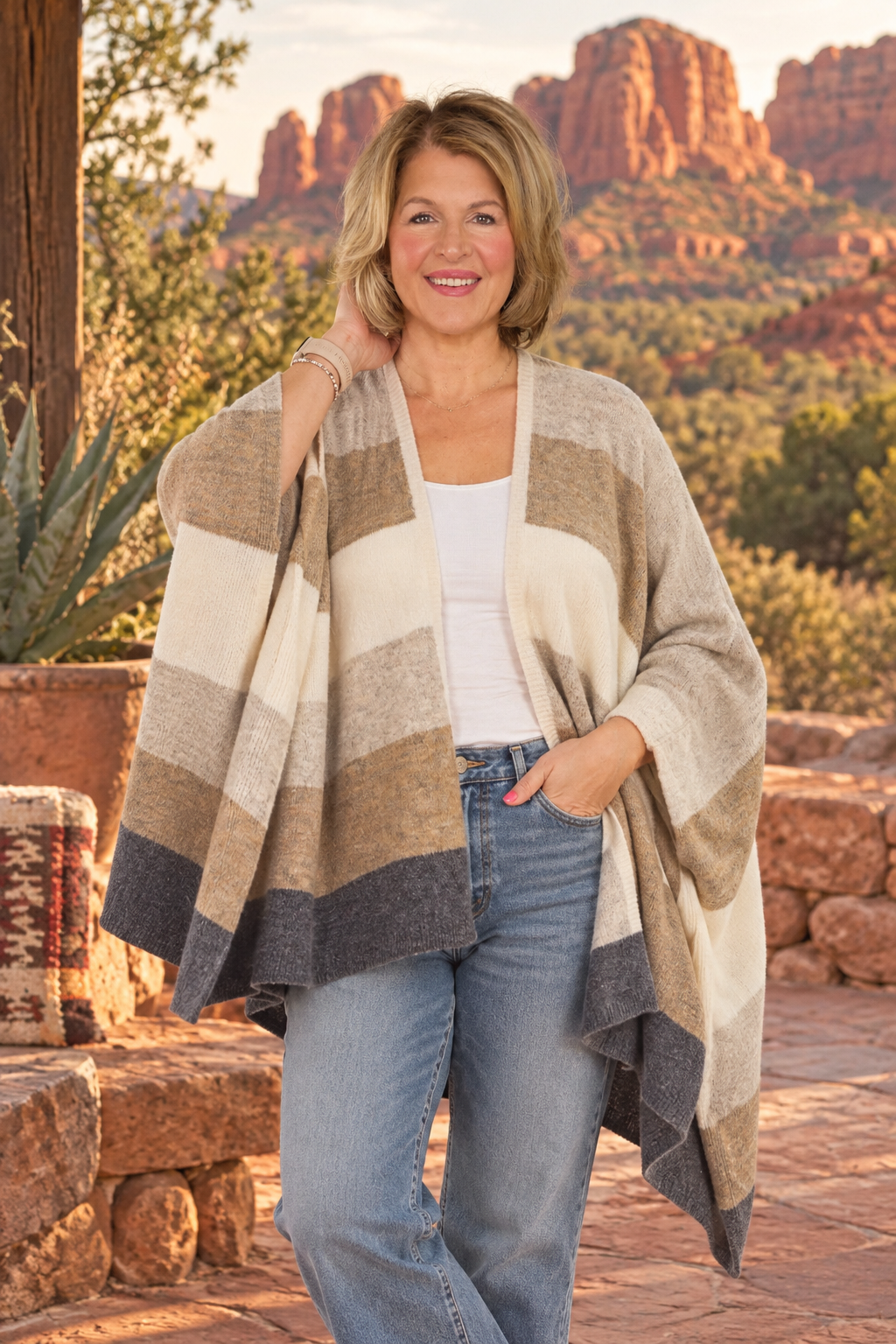 a striped knit poncho with horizontal bands of cream, taupe, brown, and charcoal gray, 