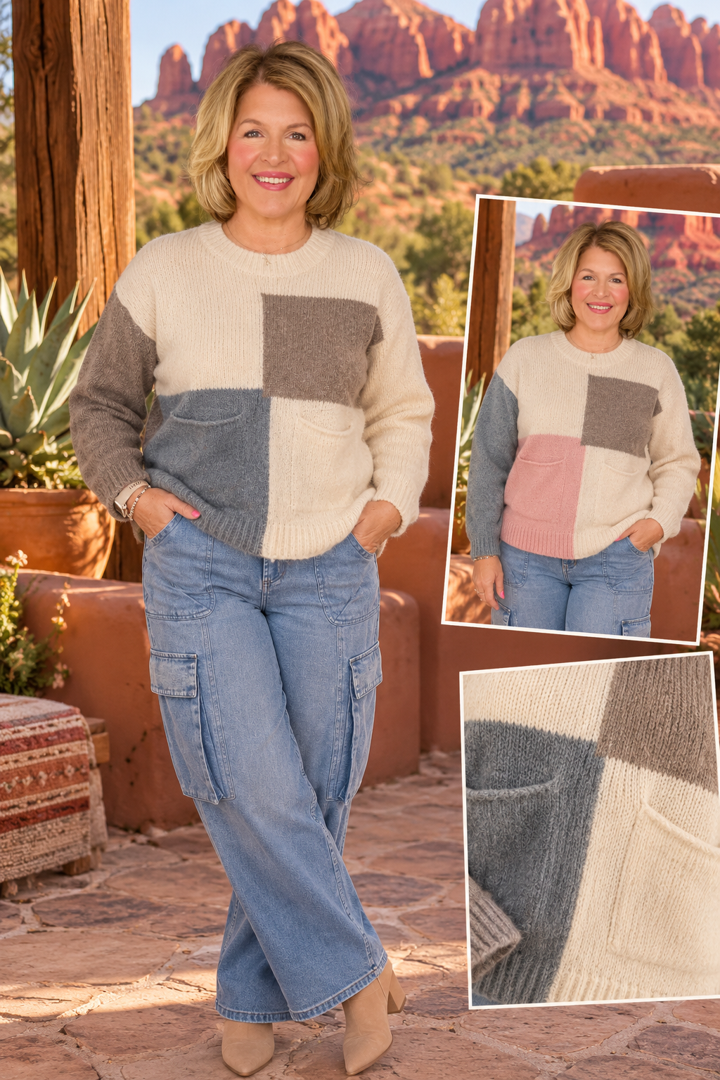 Desert Mosaic Sweater - Cream/Pink/Grey