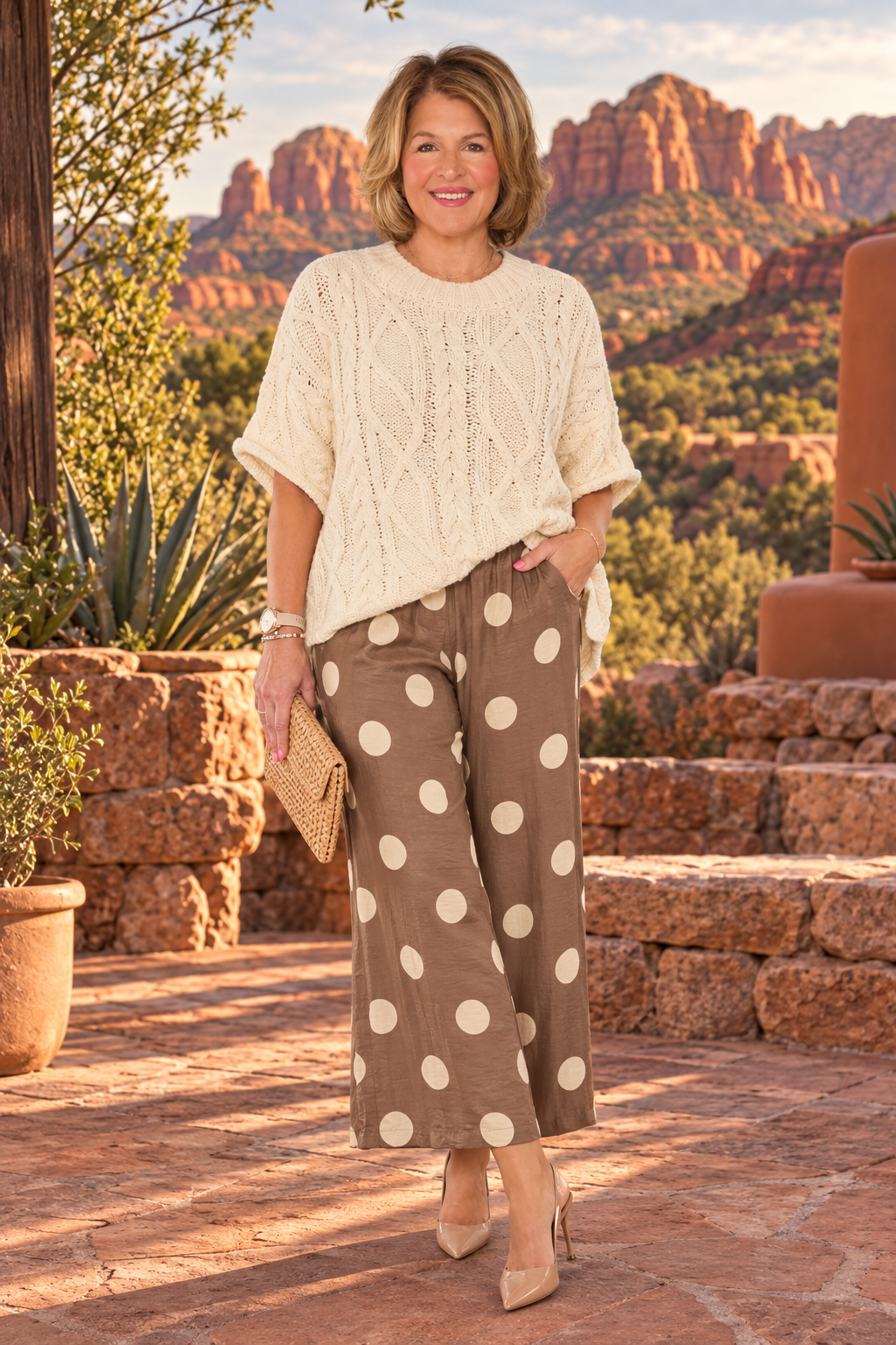 wide-leg cropped pants in a warm taupe-brown color with large cream polka dots,
