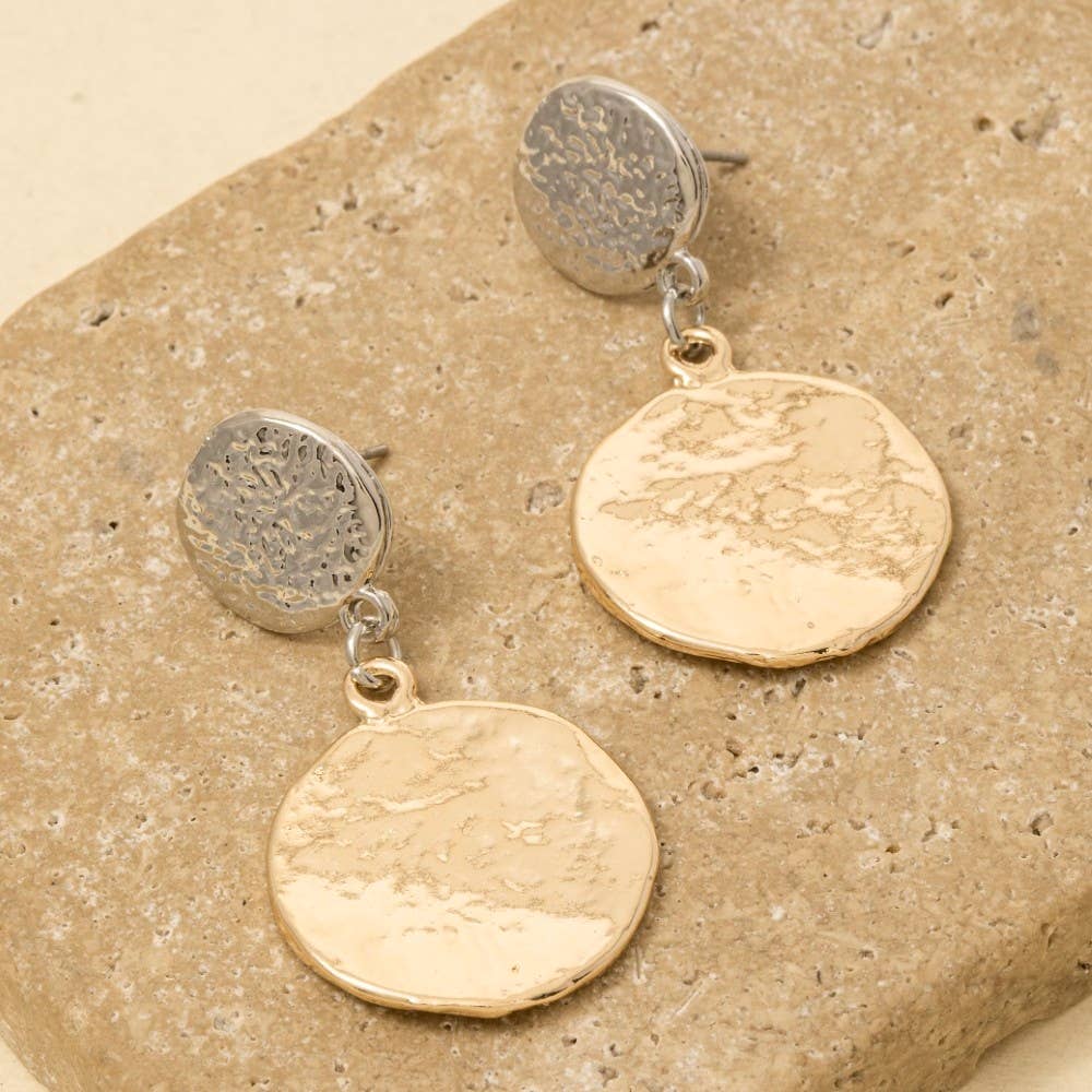 Textured Double Coins Dangle Earrings - Gold/Gold&Siliver