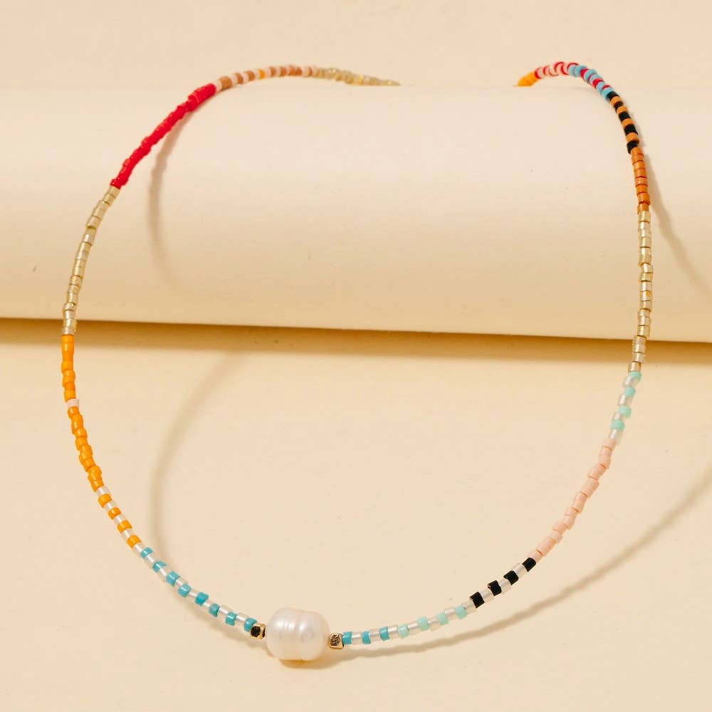 Dainty Seed Beaded Pearl Charm Necklace