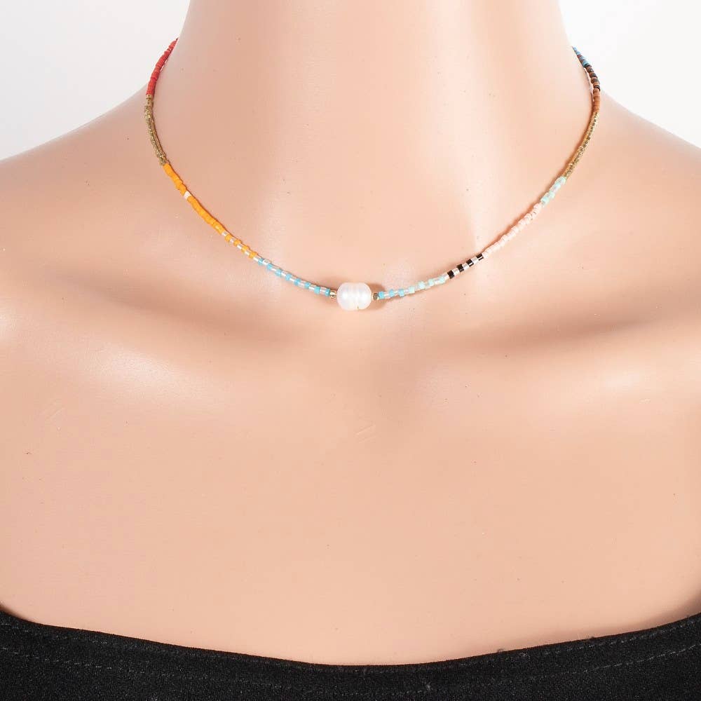 Dainty Seed Beaded Pearl Charm Necklace