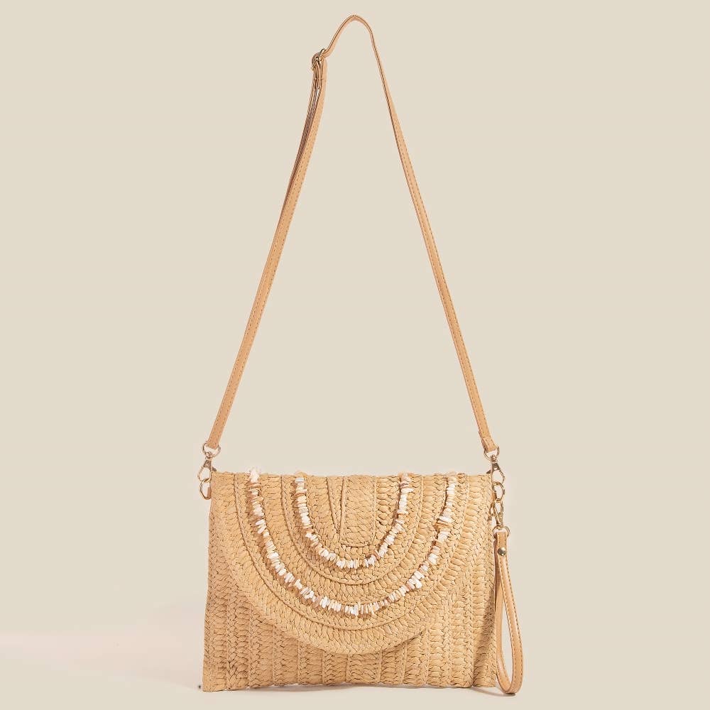 Shell Beaded Woven Envelope Clutch Bag